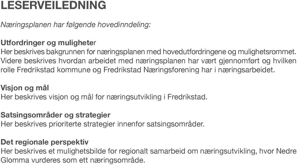 Videre beskrives hvordan arbeidet med næringsplanen har vært gjennomført og hvilken rolle Fredrikstad kommune og Fredrikstad Næringsforening har i næringsarbeidet.