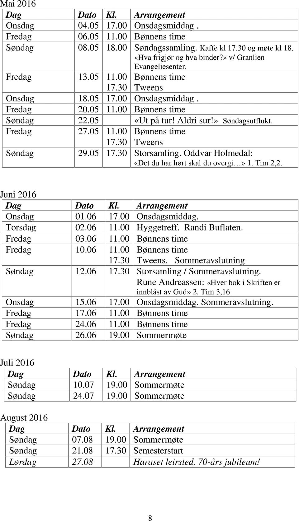 Tim 2,2. Juni 2016 Onsdag 01.06 17.00 Onsdagsmiddag. Torsdag 02.06 11.00 Hyggetreff. Randi Buflaten. Fredag 03.06 11.00 Fredag 10.06 11.00. Sommeravslutning Søndag 12.