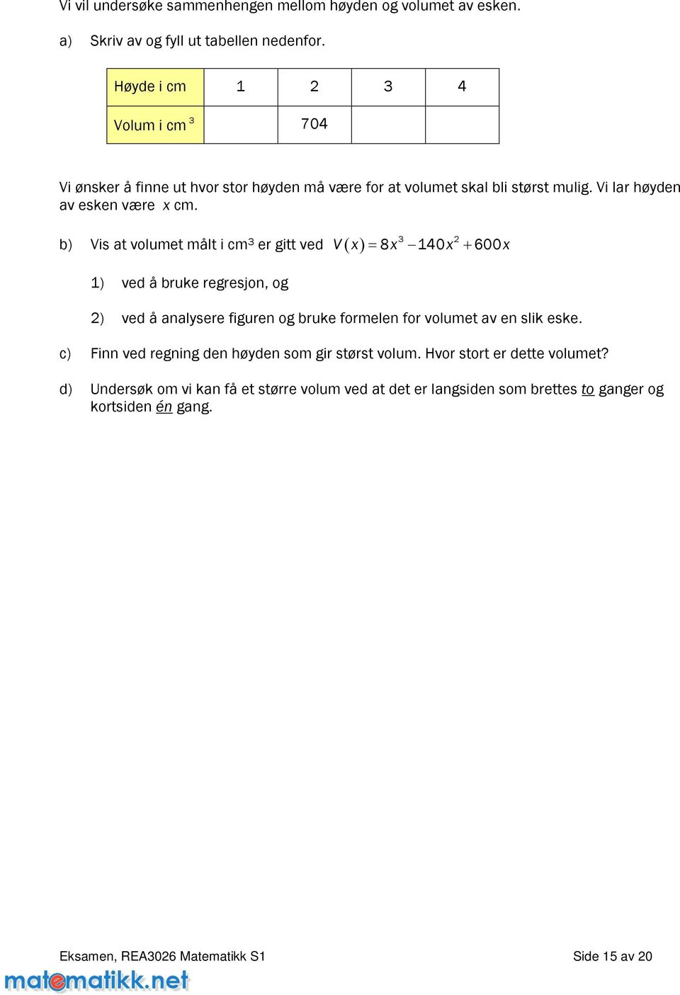 b) Visatvolumetmålticm 3 3 ergittved V x 8x 140x 600x 1) vedåbrukeregresjon,og ) vedåanalyserefigurenogbrukeformelenforvolumetavenslikeske.