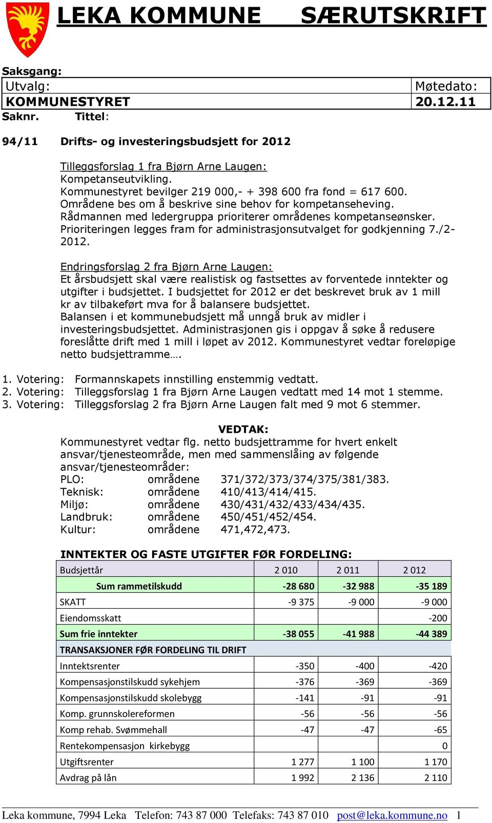 Prioriteringen legges fram for administrasjonsutvalget for godkjenning 7./2-2012.