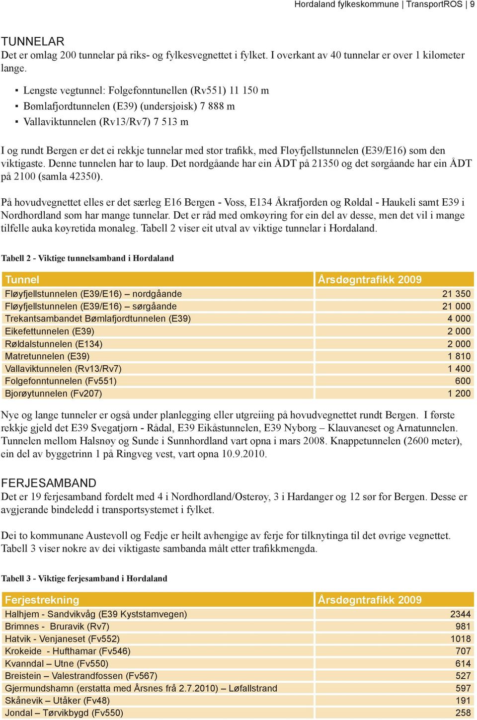 med Fløyfjellstunnelen (E39/E16) som den viktigaste. Denne tunnelen har to laup. Det nordgåande har ein ÅDT på 21350 og det sørgåande har ein ÅDT på 2100 (samla 42350).