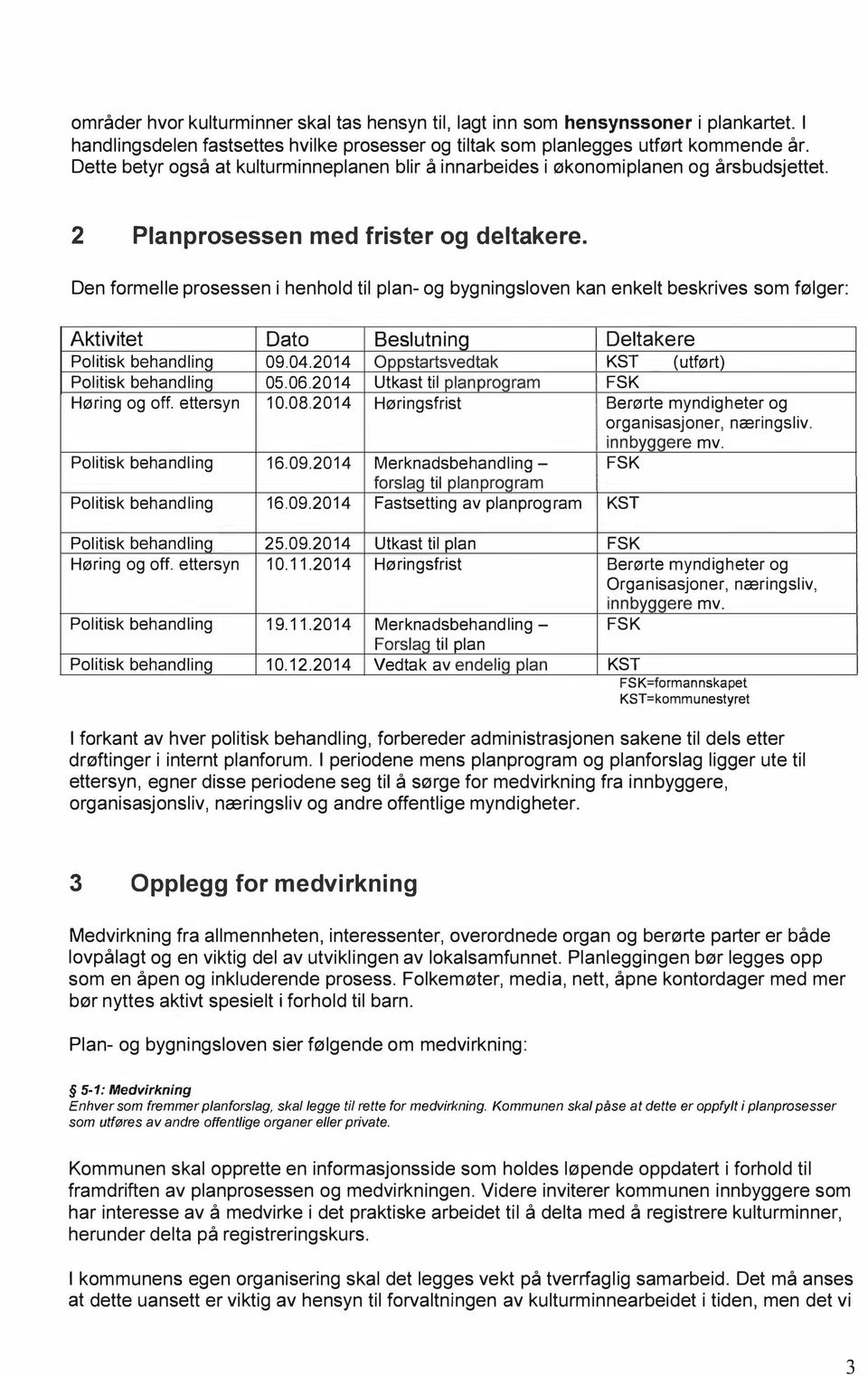 Den formelle prosessen i henhold til plan- og bygningsloven kan enkelt beskrives som følger: Aktivitet Dato Beslutning Politisk behandling 09.04.2014 Oppstartsvedtak Politisk behandling 05.06.