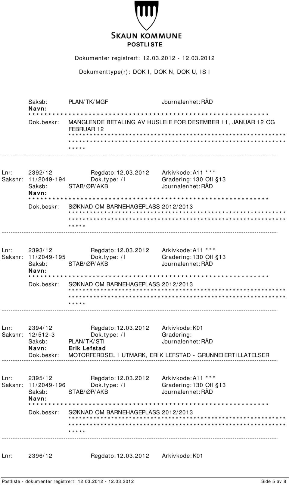 type: /I Gradering:130 Ofl 13 Saksb: STAB/ØP/AKB Journalenhet:RÅD SØKNAD OM BARNEHAGEPLASS 2012/2013 Lnr: 2394/12 Regdato:12.03.2012 Arkivkode:K01 Saksnr: 12/512-3 Dok.