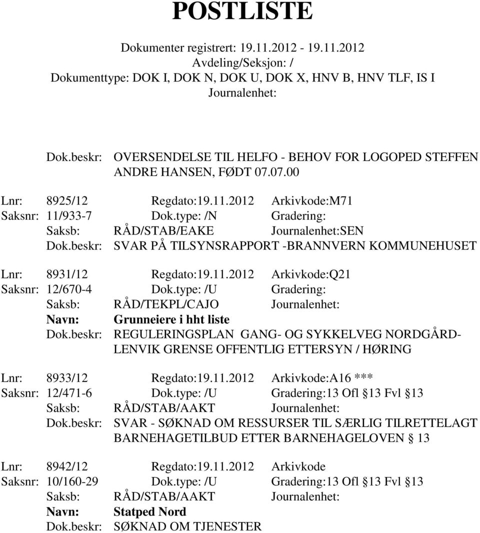 type: /U Gradering: Saksb: RÅD/TEKPL/CAJO Navn: Grunneiere i hht liste Dok.beskr: REGULERINGSPLAN GANG- OG SYKKELVEG NORDGÅRD- LENVIK GRENSE OFFENTLIG ETTERSYN / HØRING Lnr: 8933/12 Regdato:19.11.