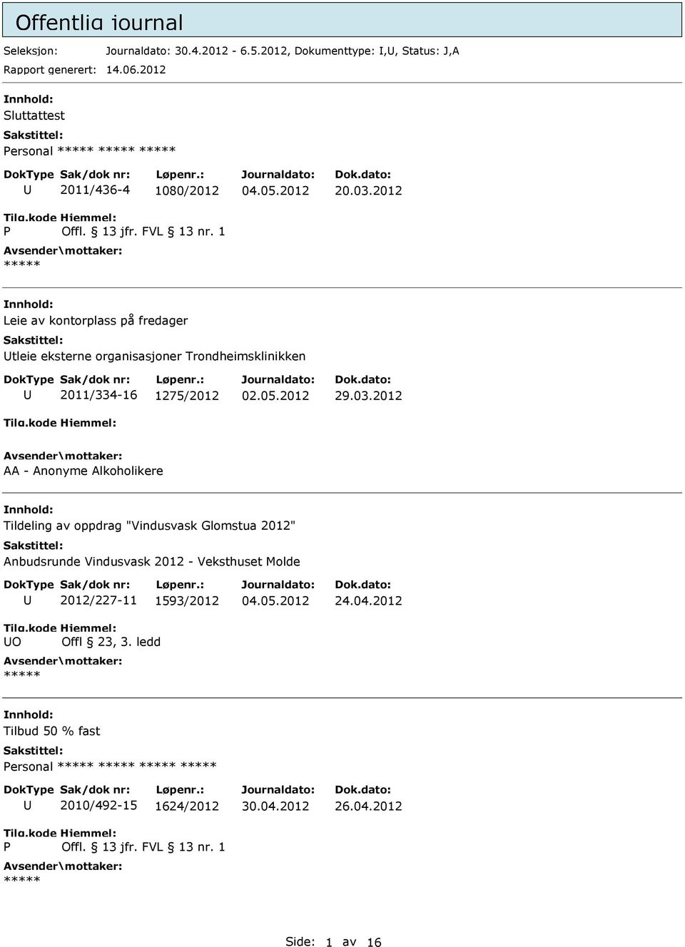 2012 Leie av kontorplass på fredager tleie eksterne organisasjoner Trondheimsklinikken 2011/334-16 1275/2012 29.03.