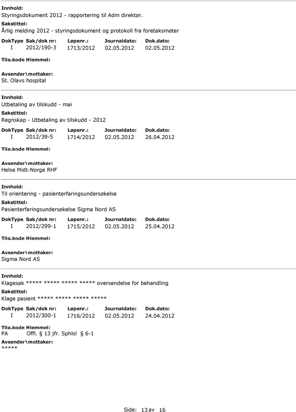 Olavs hospital tbetaling av tilskudd - mai Regnskap - tbetaling av tilskudd - 2012 2012/39-5 1714/2012 26.04.