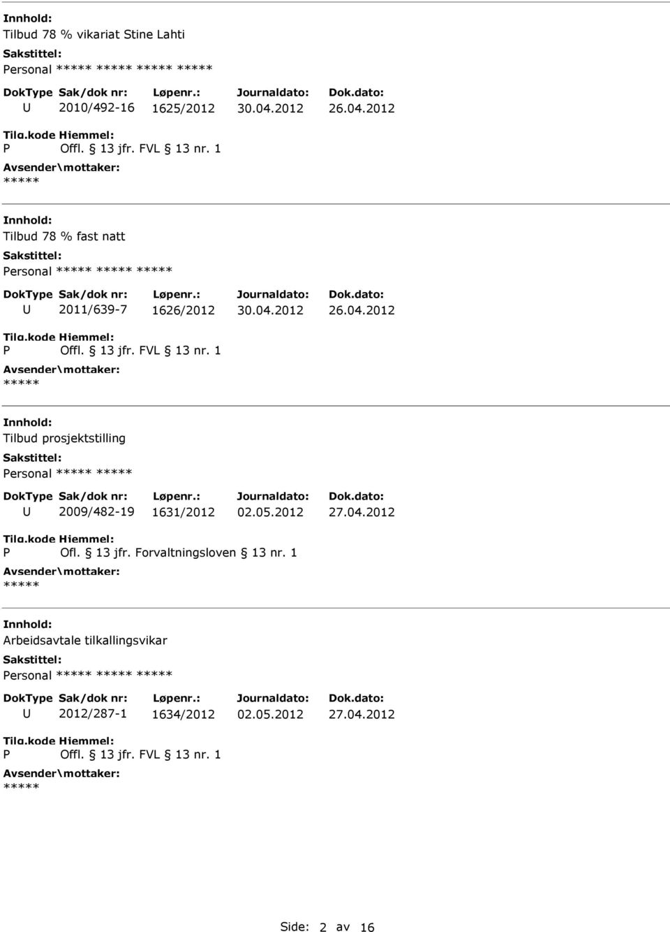 2012 Tilbud prosjektstilling ersonal 2009/482-19 1631/2012 27.04.2012 Ofl. 13 jfr.