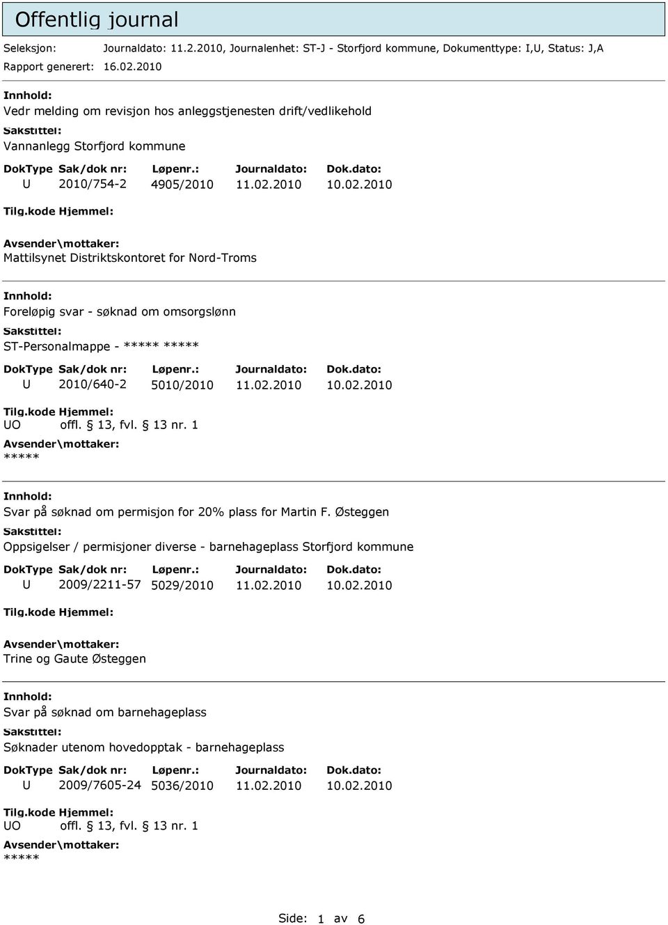 Nord-Troms Foreløpig svar - søknad om omsorgslønn ST-Personalmappe - O 2010/640-2 5010/2010 offl. 13, fvl. 13 nr.