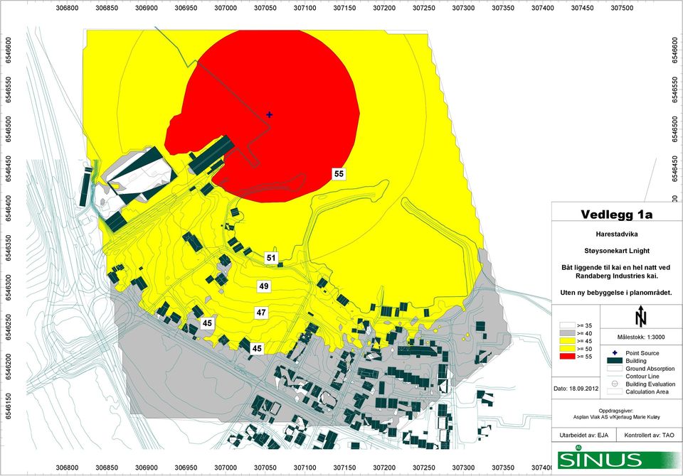 Uten ny bebyggelse i planområdet. >= 35 >= 40 >= 45 >= 50 >= 55 Dato: 18.09.