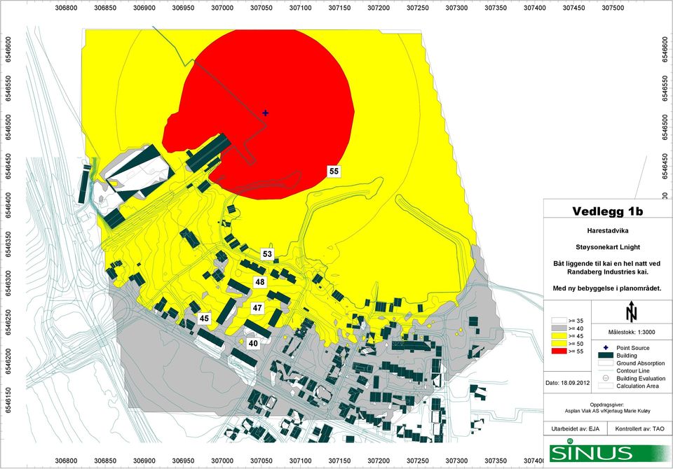 Med ny bebyggelse i planområdet. >= 35 >= 40 >= 45 >= 50 >= 55 Dato: 18.09.