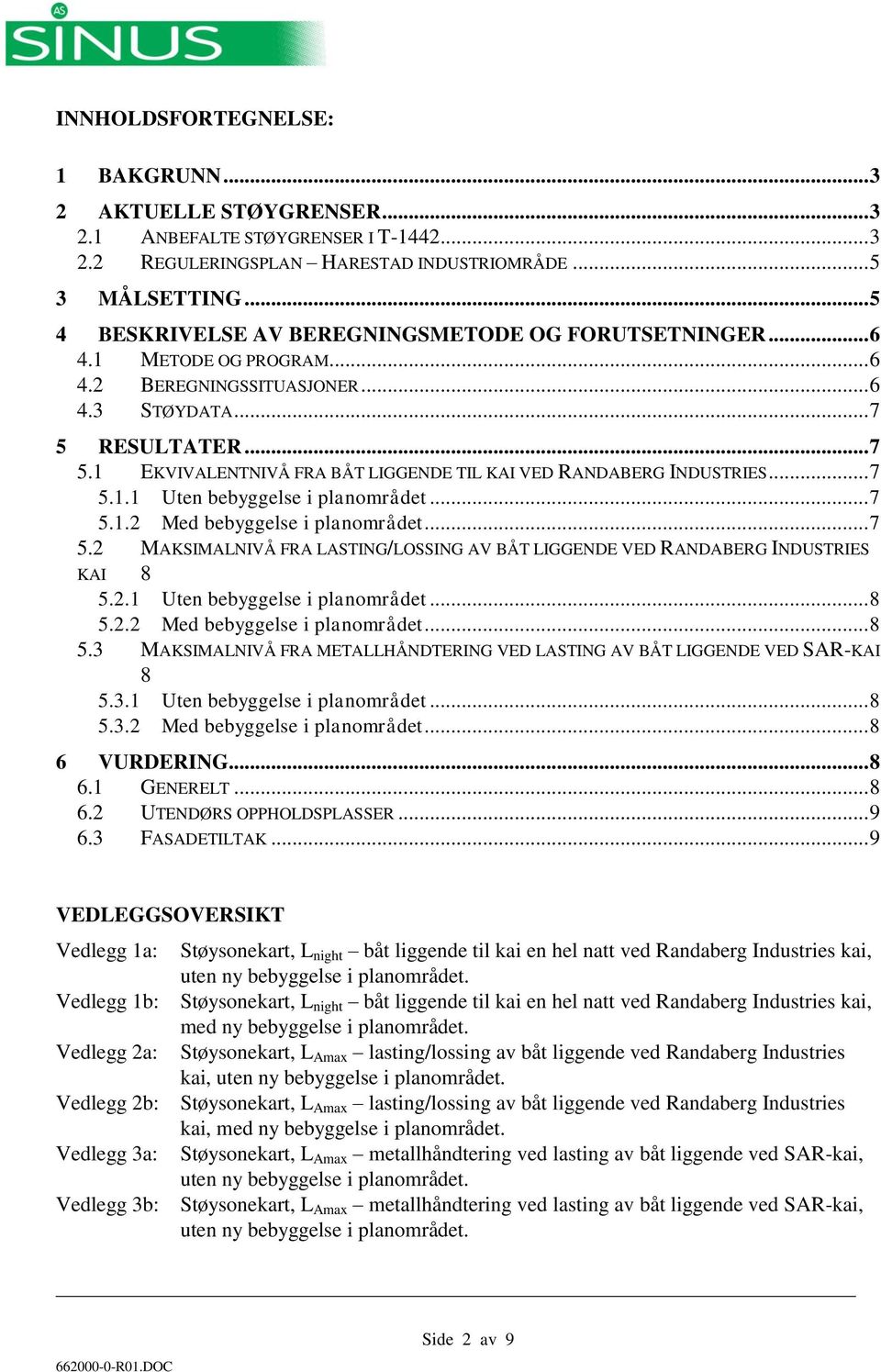 RESULTATER... 7 5.1 EKVIVALENTNIVÅ FRA BÅT LIGGENDE TIL KAI VED RANDABERG INDUSTRIES... 7 5.1.1 Uten bebyggelse i planområdet... 7 5.1.2 Med bebyggelse i planområdet... 7 5.2 MAKSIMALNIVÅ FRA LASTING/LOSSING AV BÅT LIGGENDE VED RANDABERG INDUSTRIES KAI 8 5.