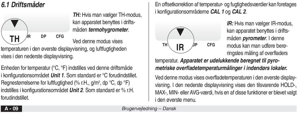 Enheden for temperatur ( C, F) indstilles ved denne driftsmåde i konfigurationsområdet Unit 1. Som standard er C forudindstillet. Regnestørrelserne for luftfugtighed (% r.h., g/m 3, dp C, dp F) indstilles i konfigurationsområdet Unit 2.