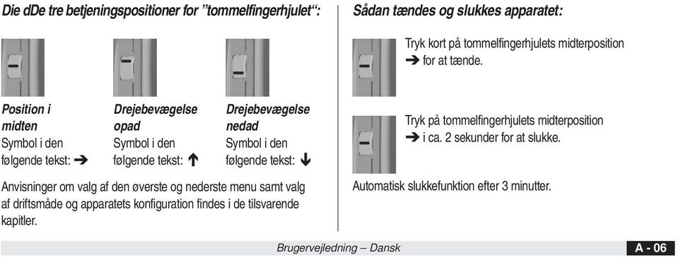 Position i midten Symbol i den følgende tekst: Drejebevægelse opad Symbol i den følgende tekst: Drejebevægelse nedad Symbol i den følgende tekst: