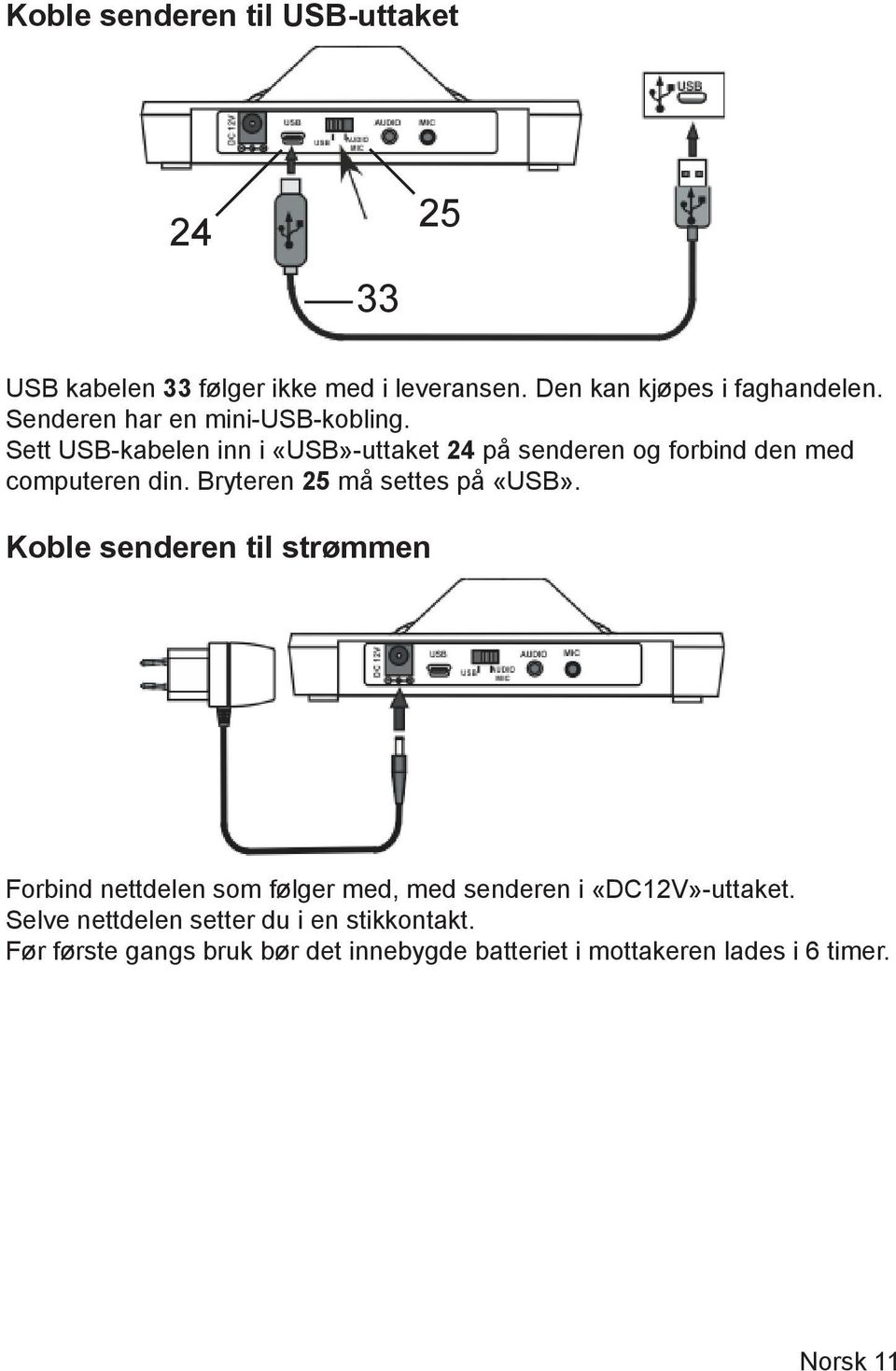 Bryteren 25 må settes på «USB».