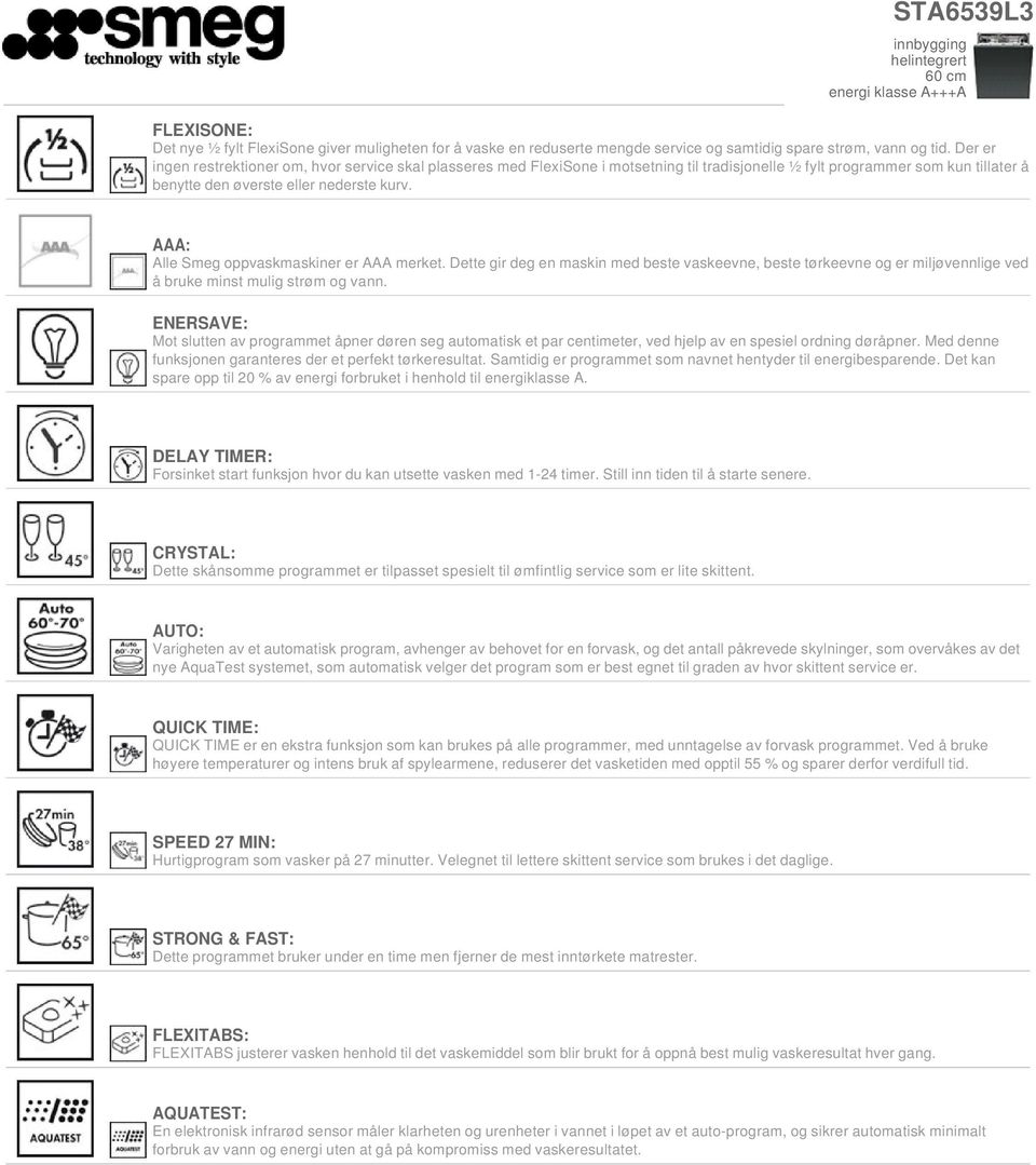 AAA: Alle Smeg oppvaskmaskiner er AAA merket. Dette gir deg en maskin med beste vaskeevne, beste tørkeevne og er miljøvennlige ved å bruke minst mulig strøm og vann.