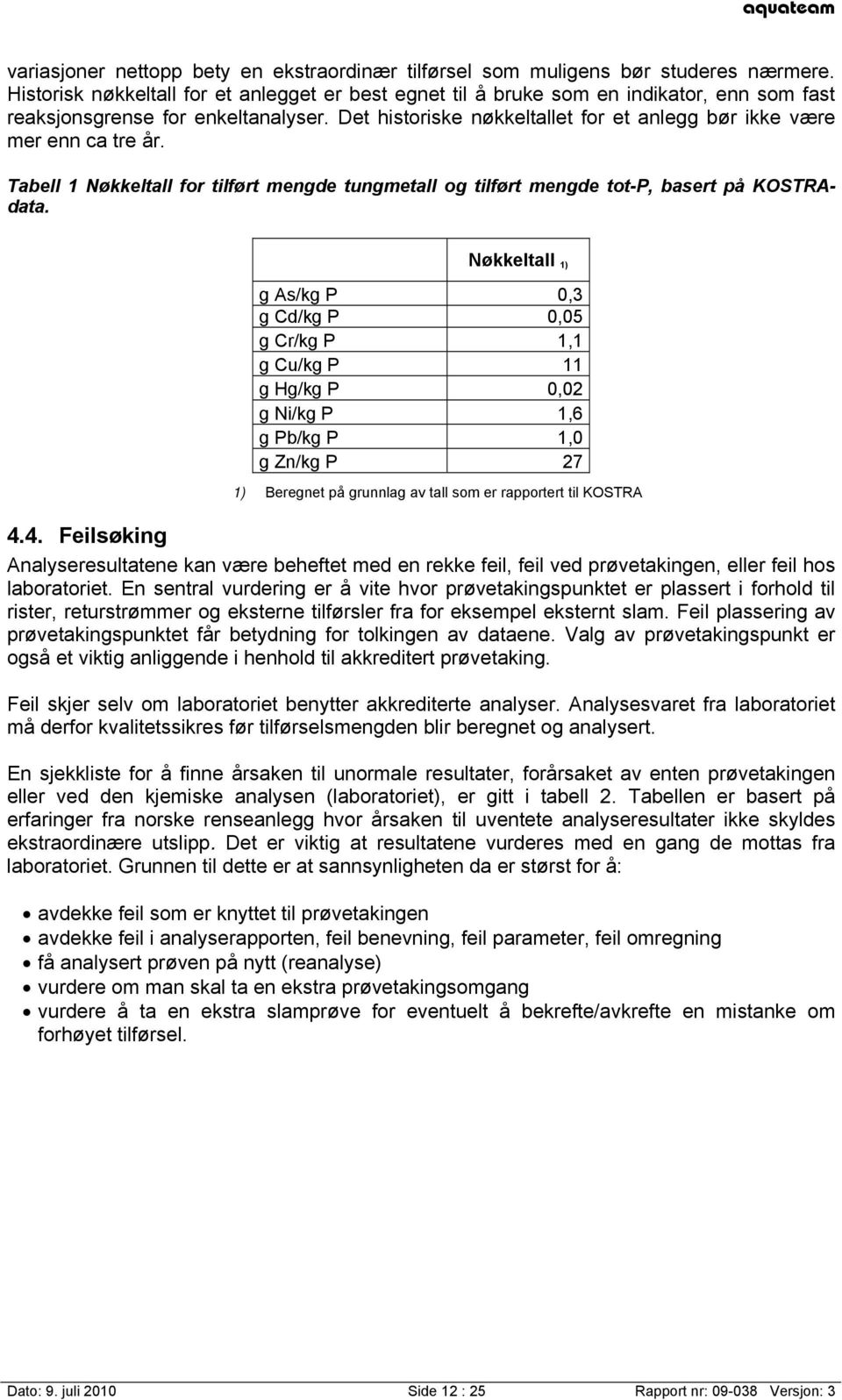 Det historiske nøkkeltallet for et anlegg bør ikke være mer enn ca tre år. Tabell 1 Nøkkeltall for tilført mengde tungmetall og tilført mengde tot-p, basert på KOSTRAdata.