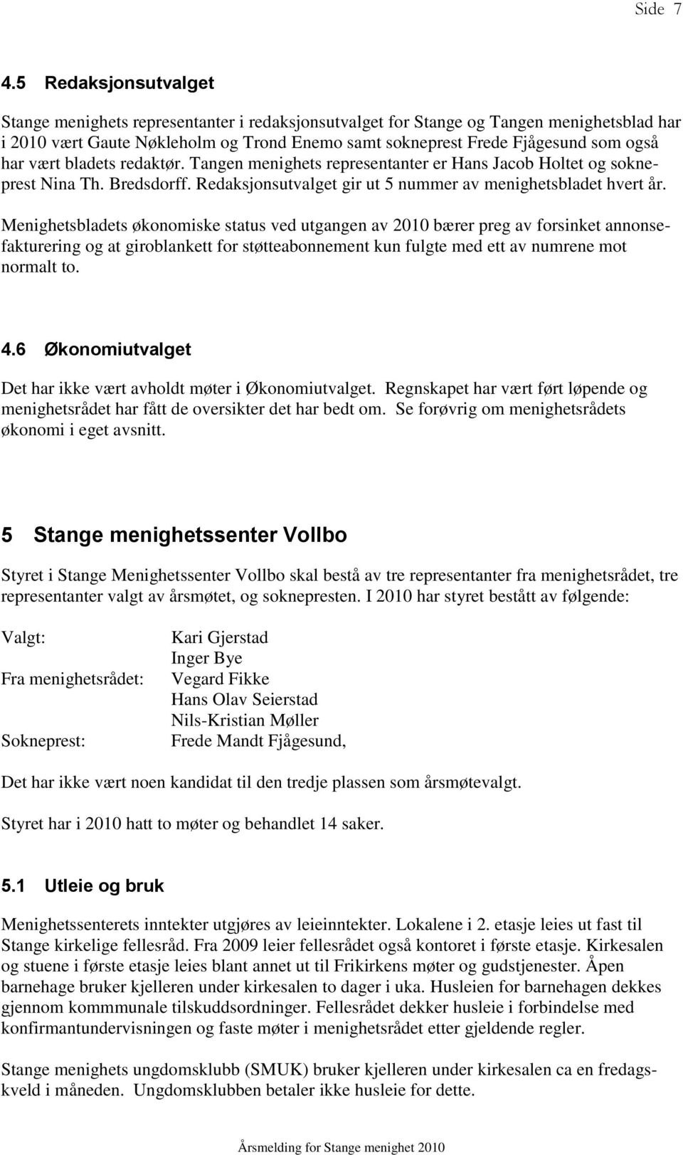 har vært bladets redaktør. Tangen menighets representanter er Hans Jacob Holtet og sokneprest Nina Th. Bredsdorff. Redaksjonsutvalget gir ut 5 nummer av menighetsbladet hvert år.