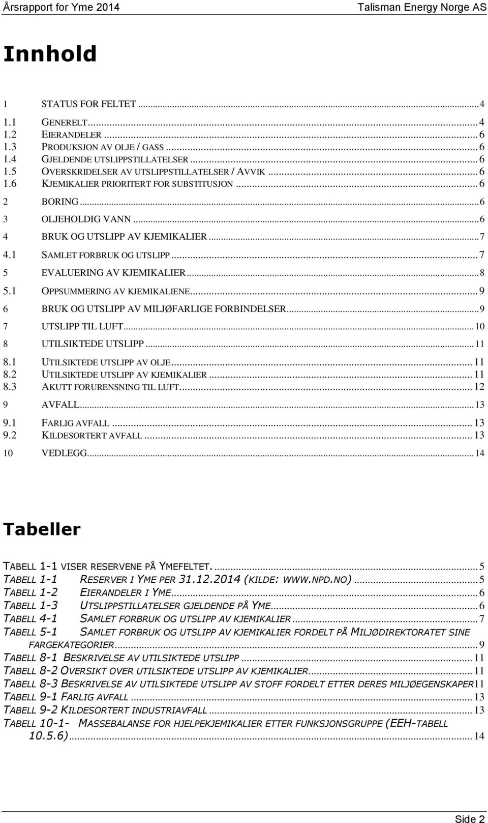 1 OPPSUMMERING AV KJEMIKALIENE... 9 6 BRUK OG UTSLIPP AV MILJØFARLIGE FORBINDELSER... 9 7 UTSLIPP TIL LUFT... 10 8 UTILSIKTEDE UTSLIPP... 11 8.1 UTILSIKTEDE UTSLIPP AV OLJE... 11 8.2 UTILSIKTEDE UTSLIPP AV KJEMIKALIER.