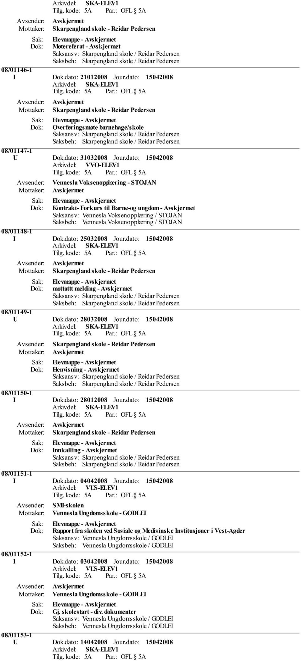 dato: Vennesla Voksenopplæring - STOJAN Elevmappe - Kontrakt- Forkurs til Barne-og ungdom - 08/01148-1 I Dok.dato: 25032008 Jour.