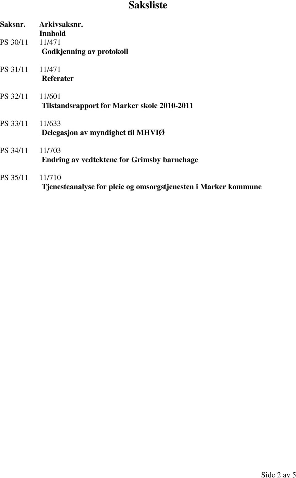 32/11 11/601 Tilstandsrapport for Marker skole 2010-2011 PS 33/11 11/633 Delegasjon av