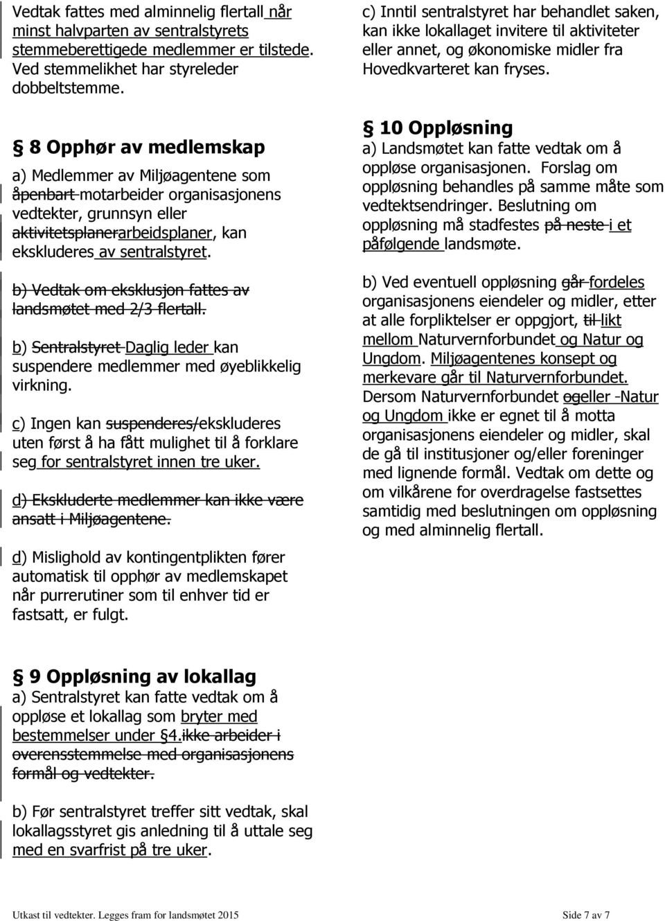 b) Vedtak om eksklusjon fattes av landsmøtet med 2/3 flertall. b) Sentralstyret Daglig leder kan suspendere medlemmer med øyeblikkelig virkning.