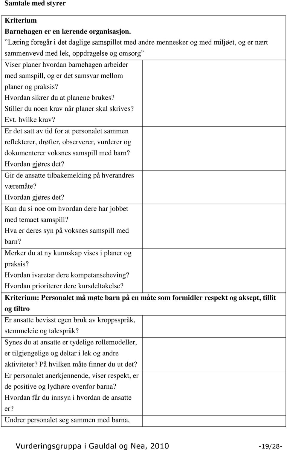 samsvar mellom planer og praksis? Hvordan sikrer du at planene brukes? Stiller du noen krav når planer skal skrives? Evt. hvilke krav?