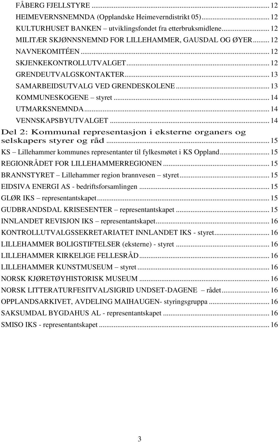 .. 14 Del 2: Kommunal representasjon i eksterne organers og selskapers styrer og råd... 15 KS Lillehammer kommunes representanter til fylkesmøtet i KS Oppland... 15 REGIONRÅDET FOR LILLEHAMMERREGIONEN.