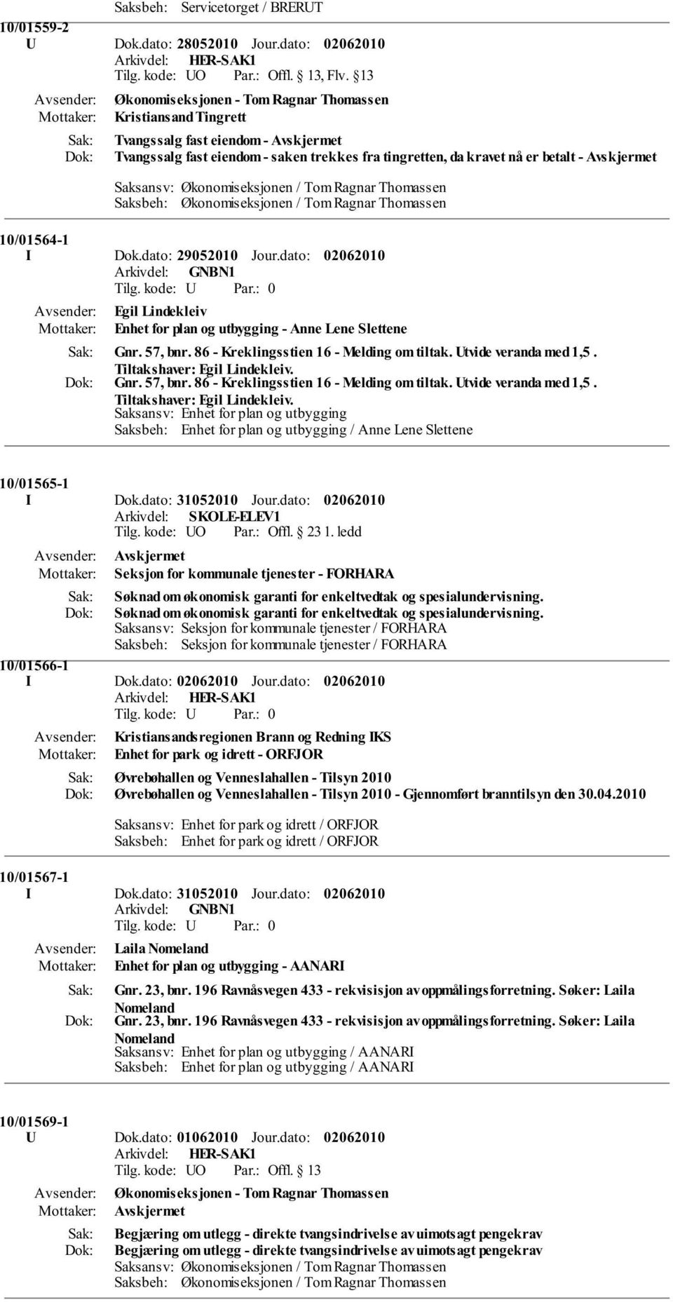 / Tom Ragnar Thomassen Saksbeh: Økonomiseksjonen / Tom Ragnar Thomassen 10/01564-1 I Dok.dato: 29052010 Jour.dato: 0 Egil Lindekleiv Enhet for plan og utbygging - Anne Lene Slettene Gnr. 57, bnr.