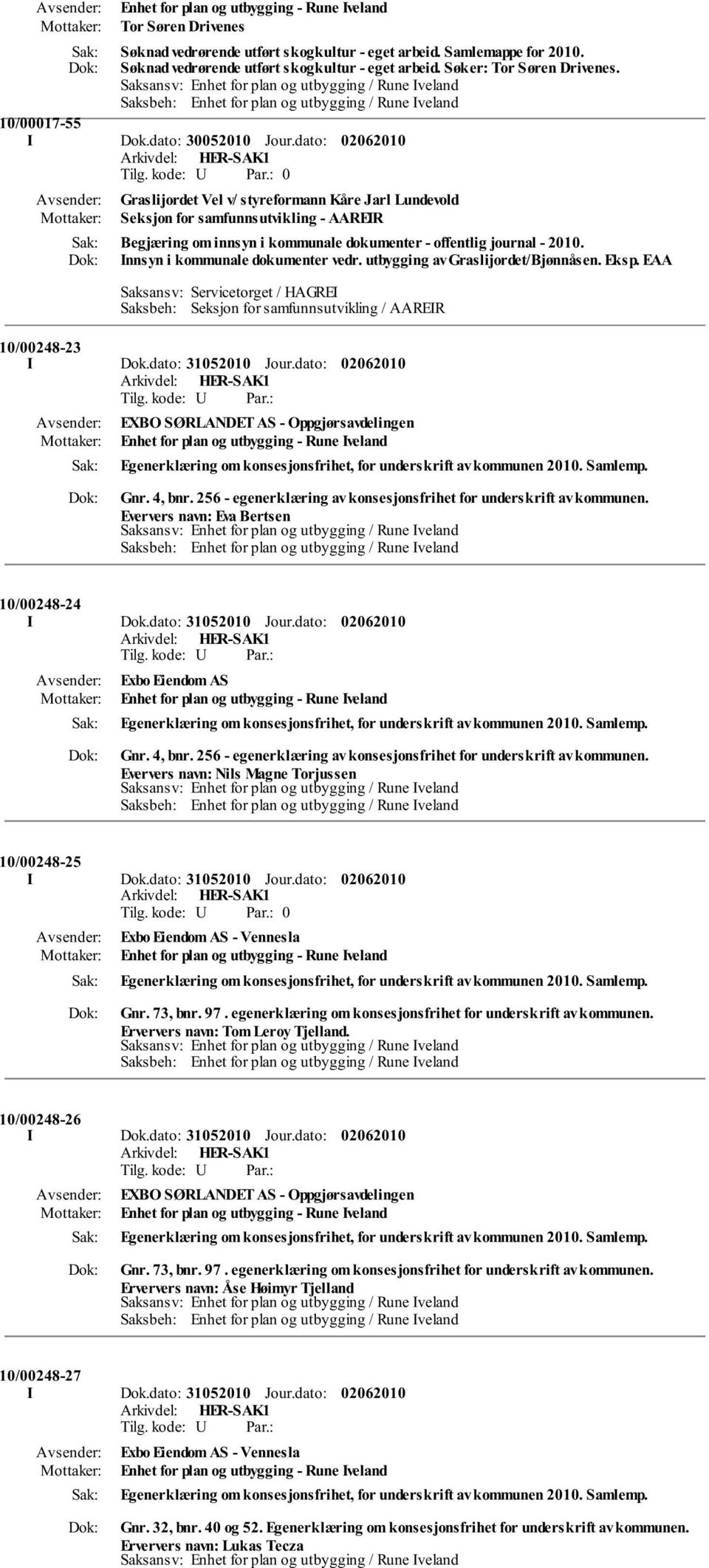 dato: 0 Graslijordet Vel v/ styreformann Kåre Jarl Lundevold Seksjon for samfunnsutvikling - AAREIR Begjæring om innsyn i kommunale dokumenter - offentlig journal - 2010.