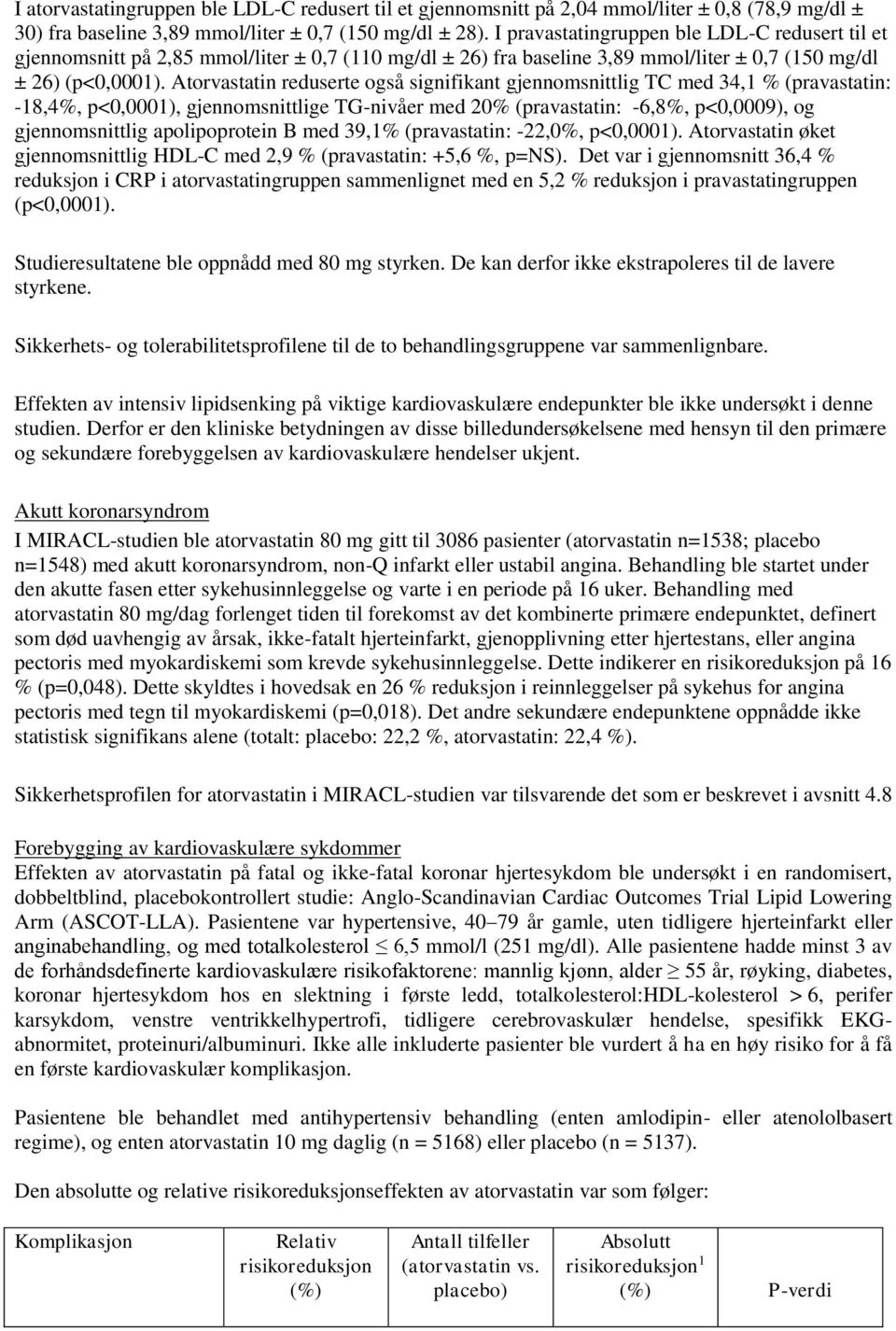 Atorvastatin reduserte også signifikant gjennomsnittlig TC med 34,1 % (pravastatin: -18,4%, p<0,0001), gjennomsnittlige TG-nivåer med 20% (pravastatin: -6,8%, p<0,0009), og gjennomsnittlig