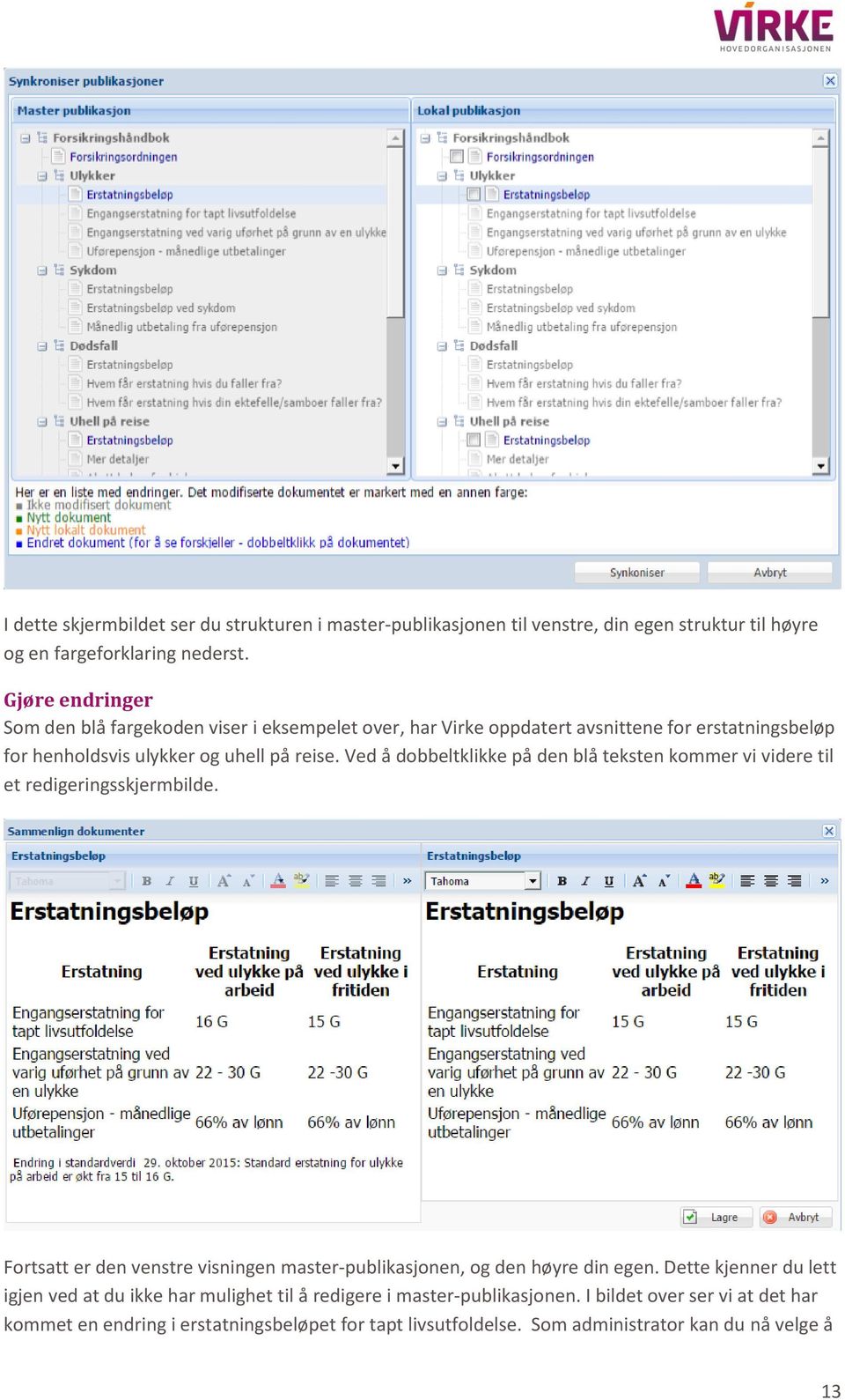 Ved å dobbeltklikke på den blå teksten kommer vi videre til et redigeringsskjermbilde. Fortsatt er den venstre visningen master-publikasjonen, og den høyre din egen.