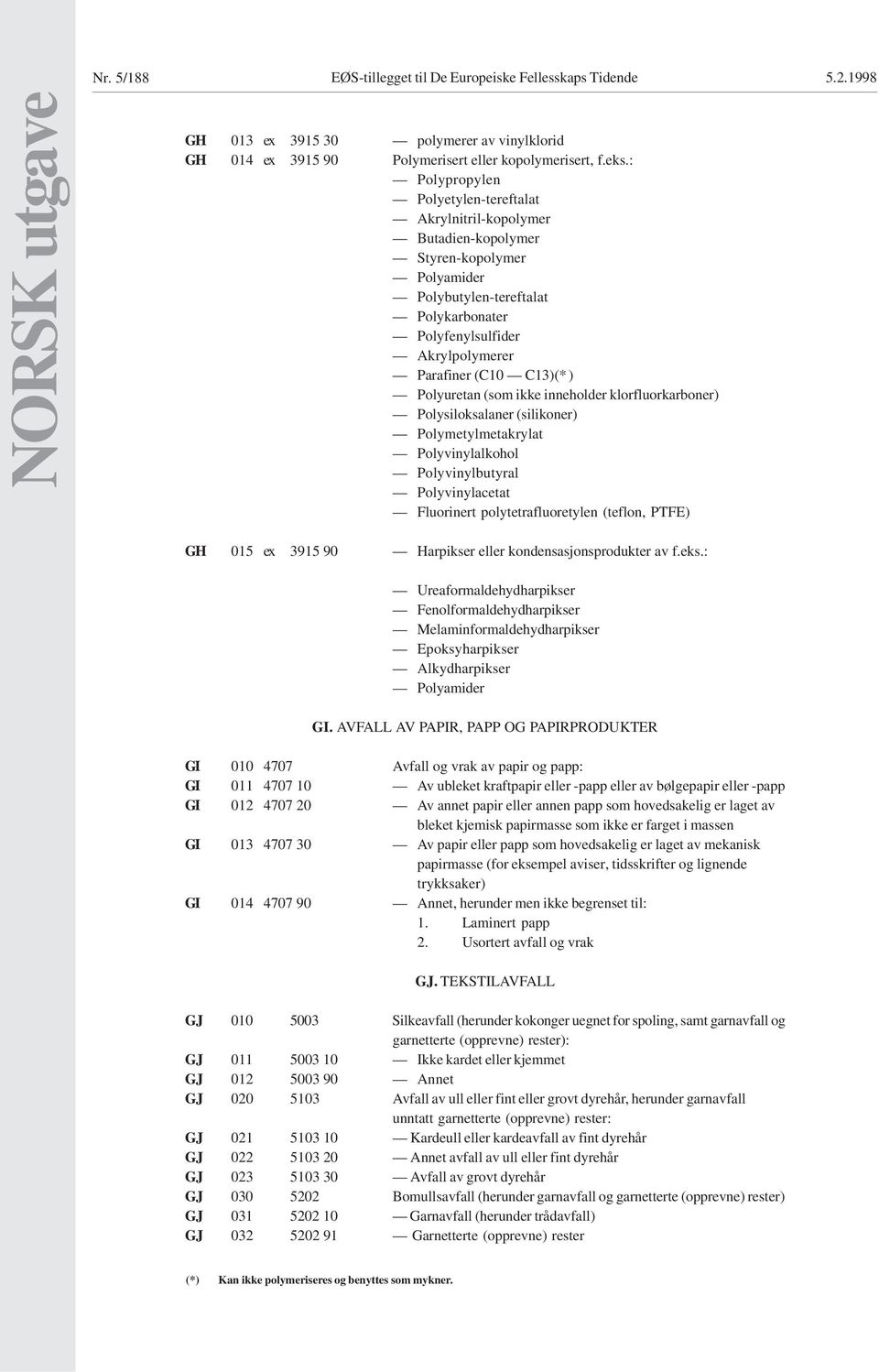 ) Polyuretan (som ikke inneholder klorfluorkarboner) Polysiloksalaner (silikoner) Polymetylmetakrylat Polyvinylalkohol Polyvinylbutyral Polyvinylacetat Fluorinert polytetrafluoretylen (teflon, PTFE)