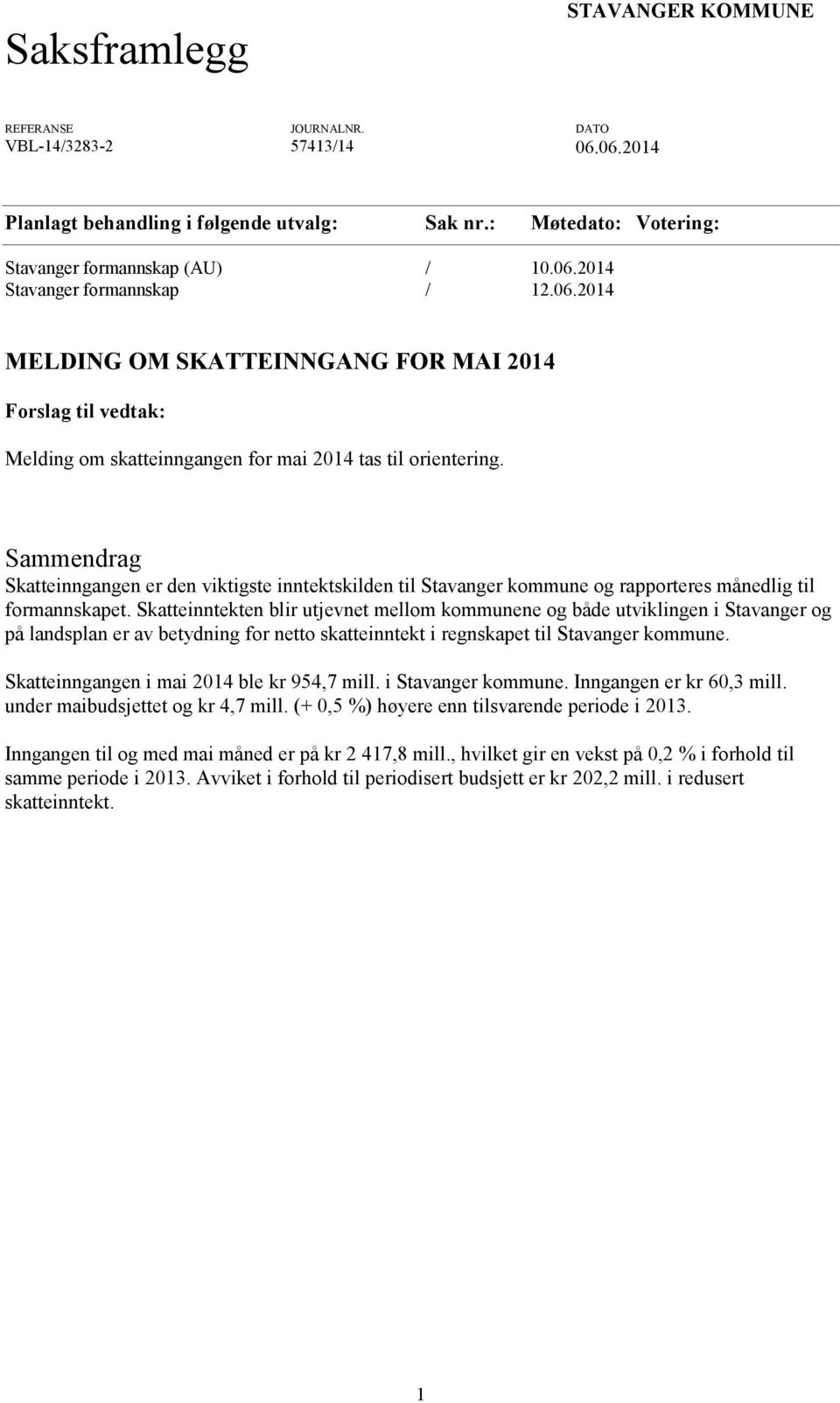 Sammendrag Skatteinngangen er den viktigste inntektskilden til Stavanger kommune og rapporteres månedlig til formannskapet.