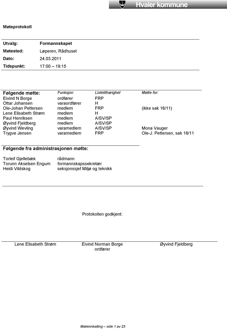 16/11) Lene Elisabeth Strøm medlem H Paul Henriksen medlem A/SV/SP Øyvind Fjeldberg medlem A/SV/SP Øyvind Wevling varamedlem A/SV/SP Mona Vauger Trygve Jensen varamedlem FRP Ole-J.