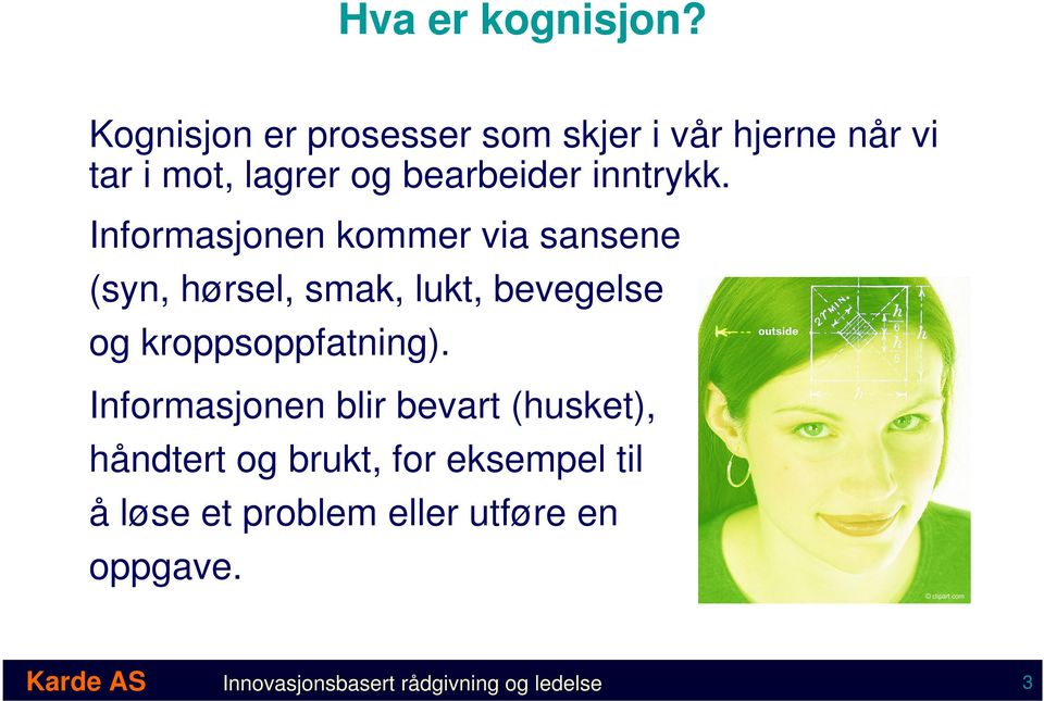 Informasjonen kommer via sansene (syn, hørsel, smak, lukt, bevegelse og kroppsoppfatning).