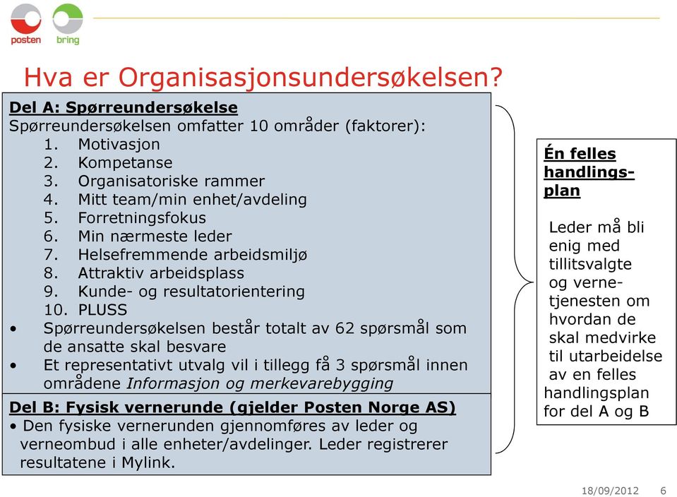 PLUSS Spørreundersøkelsen består totalt av 62 spørsmål som de ansatte skal besvare Et representativt utvalg vil i tillegg få 3 spørsmål innen områdene Informasjon og merkevarebygging Del B: Fysisk