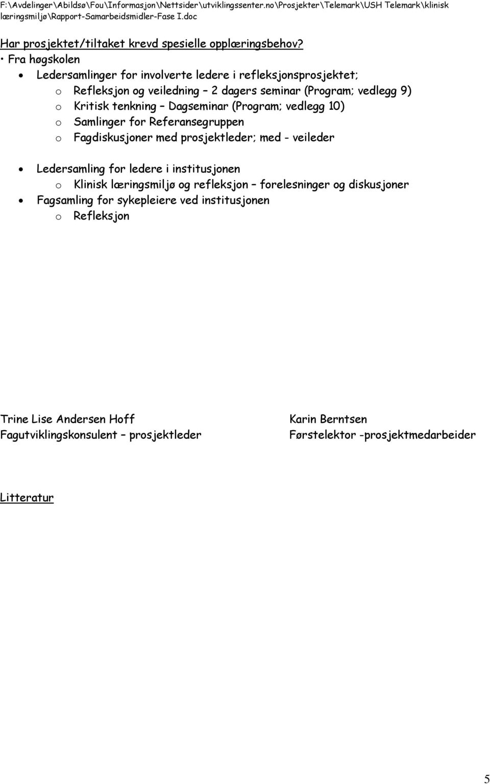 tenkning Dagseminar (Program; vedlegg 10) o Samlinger for Referansegruppen o Fagdiskusjoner med prosjektleder; med - veileder Ledersamling for ledere i