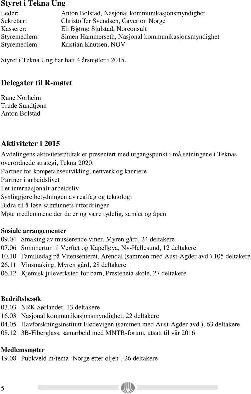 Delegater til R-møtet Rune Norheim Trude Sundtjønn Anton Bolstad Aktiviteter i 2015 Avdelingens aktiviteter/tiltak er presentert med utgangspunkt i målsetningene i Teknas overordnede strategi, Tekna