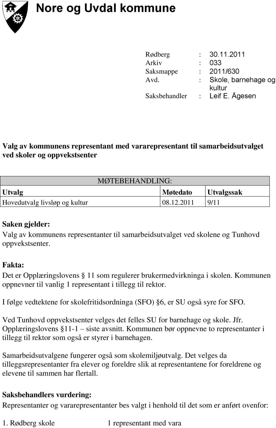 2011 9/11 Saken gjelder: Valg av kommunens representanter til samarbeidsutvalget ved skolene og Tunhovd oppvekstsenter. Fakta: Det er Opplæringslovens 11 som regulerer brukermedvirkninga i skolen.