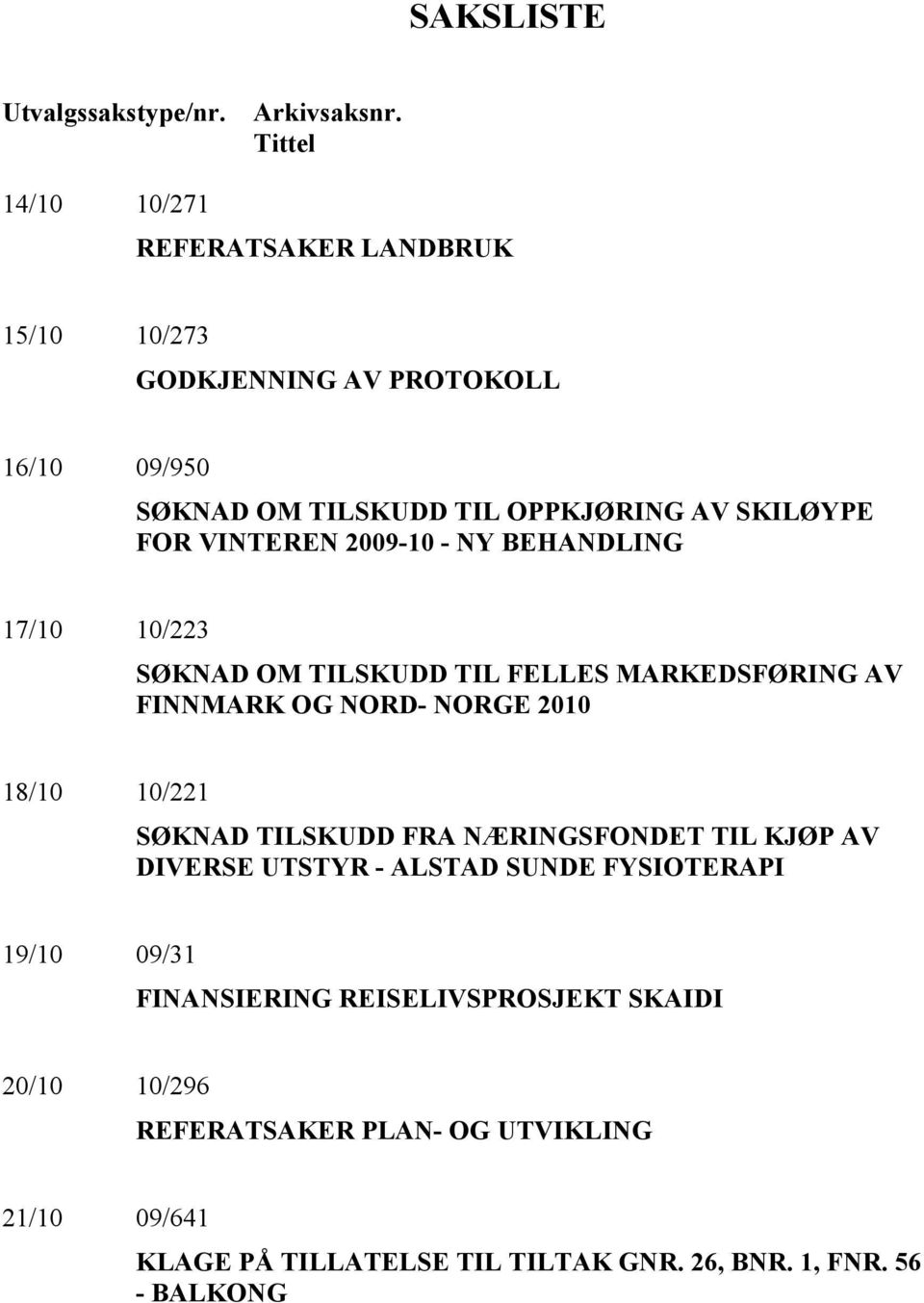 VINTEREN 2009-10 - NY BEHANDLING 17/10 10/223 SØKNAD OM TILSKUDD TIL FELLES MARKEDSFØRING AV FINNMARK OG NORD- NORGE 2010 18/10 10/221 SØKNAD