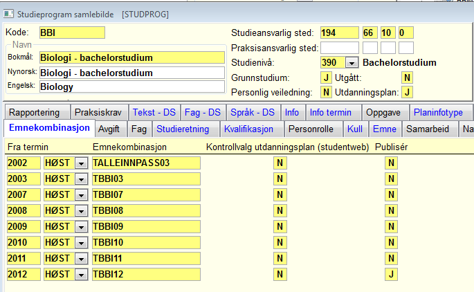 30.04.2013 Viser eksempel for studieprogrammet BBI fra vår FS base. Emnekombinasjonen TBBI08 beskriver studiet for studenter som startet høsten 2008.