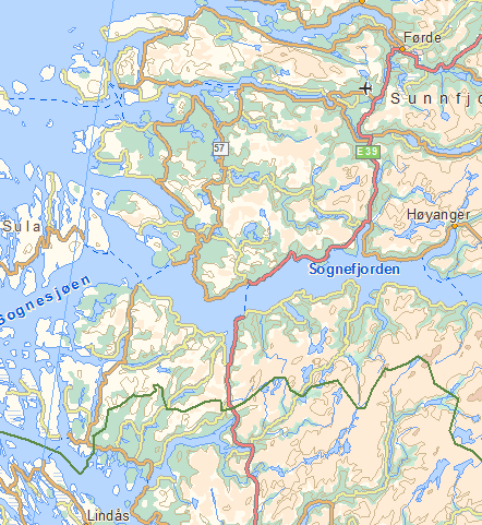 PRODUKTIVITETSVIRKNINGER AV FERGEFRI E39 17 Figur 3.3 Tenkt beliggenhet for den faste forbindelse ved Sognefjorden mellom Oppedal og Lavik Kilde: www.visveg.