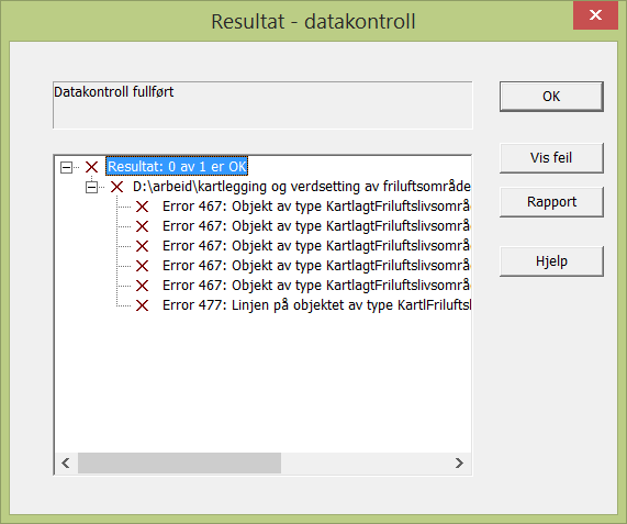 I tillegg til å sjekke egenskaper er i henhold til produktspesifikasjonen, sjekker kontrollen også for flere typer av geometrifeil. Eksempel resultat av datakontroll. Feil angis med et symbol.