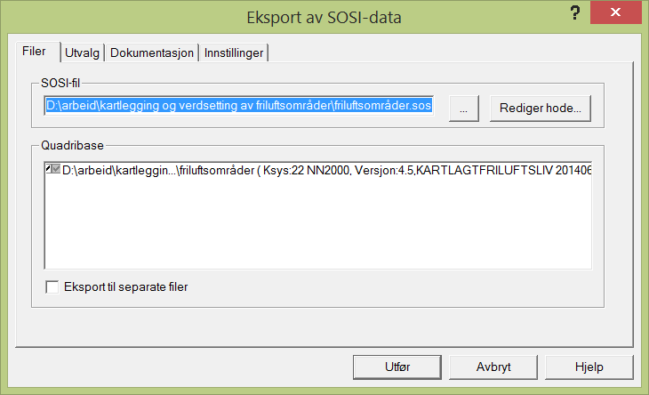 9 SOSI-eksport og levering av excel-ark Friluftsområder skal leveres på SOSI-format. Dette gjøres ved Import/Eksport > SOSI Eksport > SOSI 4.0 eller nyere.