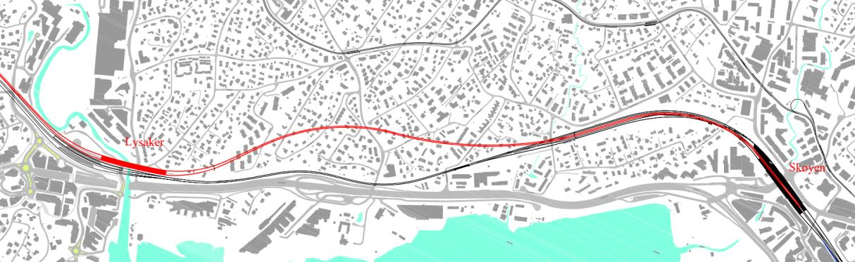 Side 39 Figur 46: Oversiktstegning for ny S-bane mellom Skøyen og Lysaker stasjon (jernbanetrasé for regiontog bruker eksisterende bane) Vest for Lysaker stasjon bygges det et nytt spor for