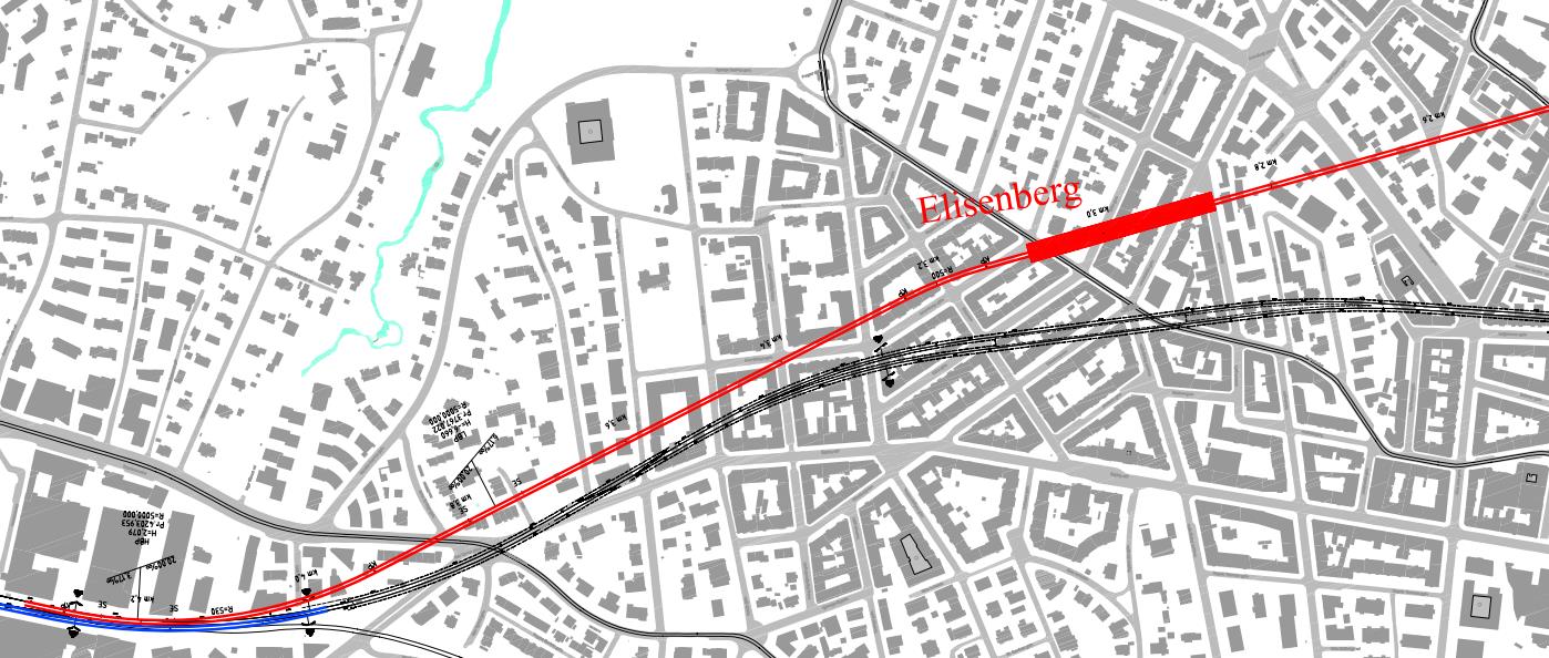 Figur 49: Oversiktstegning S-bane Oslo S-Nationaltheatret Traseen går sørover mot Rådhusplassen, der krysser traseen dyprennen på det smaleste.