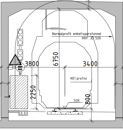 Side 5 3.3 Tverrsnitt i tunneler og kulverter Minste frihøyde i kulverter er satt til 5,75 m og det er lagt til grunn strømskinne i taket. Snittet er vist nedenfor og gjelder under Strandgata.
