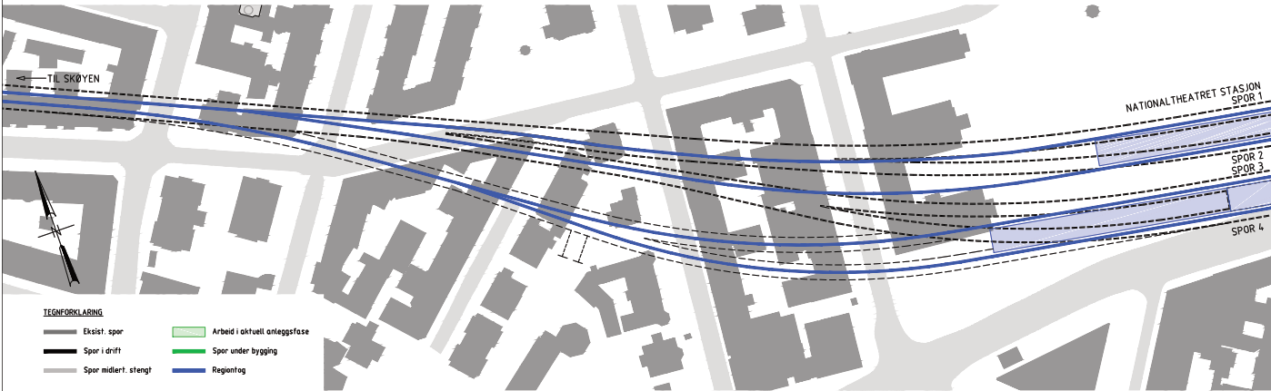 Side 78 Figur 96: Oversiktstegning forlengelse av plattform på Nationaltheatret Skissen viser at det bygges nye inngående spor med ny tilkobling til eksisterende tunnel nærmere Skøyen.