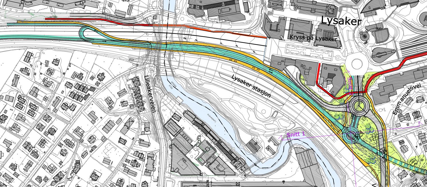 Side 79 over til det andre dobbeltsporet på Lysaker stasjon. Skjematisk er løsningen vist nedenfor. Oslo Sandvika Figur 98: Skjematisk plan for Lysaker stasjon 9.7.1 Utvidelse mot sør En utvidelse av plattformkapasiteten på sørsiden av eksisterende stasjon vil påvirke eksisterende bussterminal, samt planlagt utvidelse som en del av E18 Vestkorridoren.