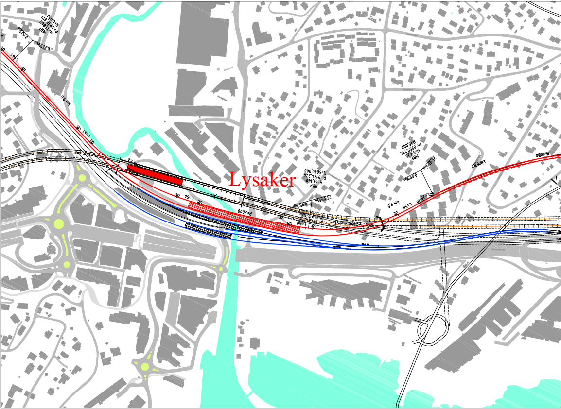 Side 82 Figur 103: Utvidelse av Lysaker stasjon for lokaltog I forhold til utvidelse for regiontog nordøst for eksisterende stasjon vil en utvidelse for lokaltog gi et smalere jernbaneanlegg pga.